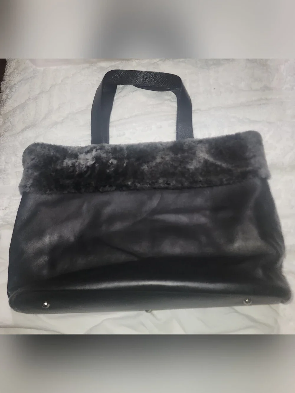 Lisa Conte Italy Black Lambskin & Pebbled Leather tote Featuring Shearling Fur
